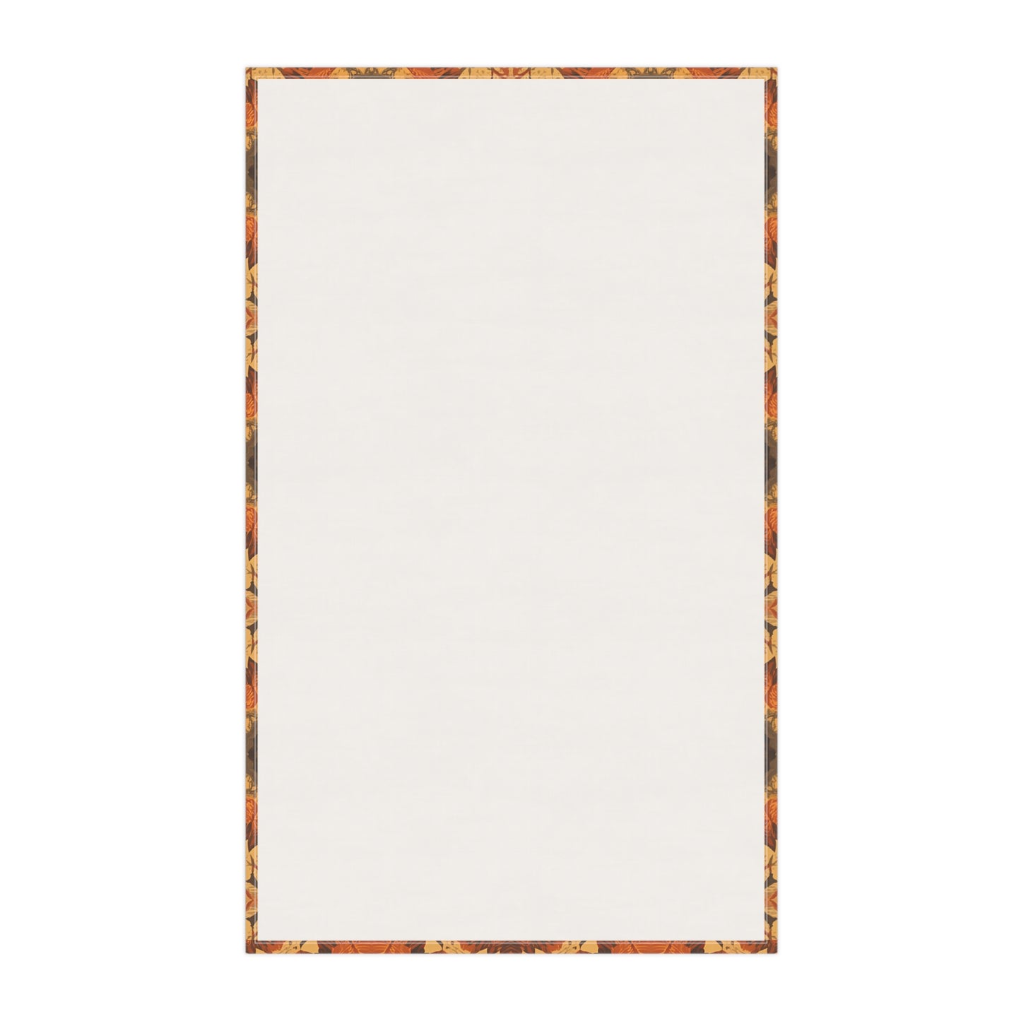 Back view of tea towel with a colorful border on a white background