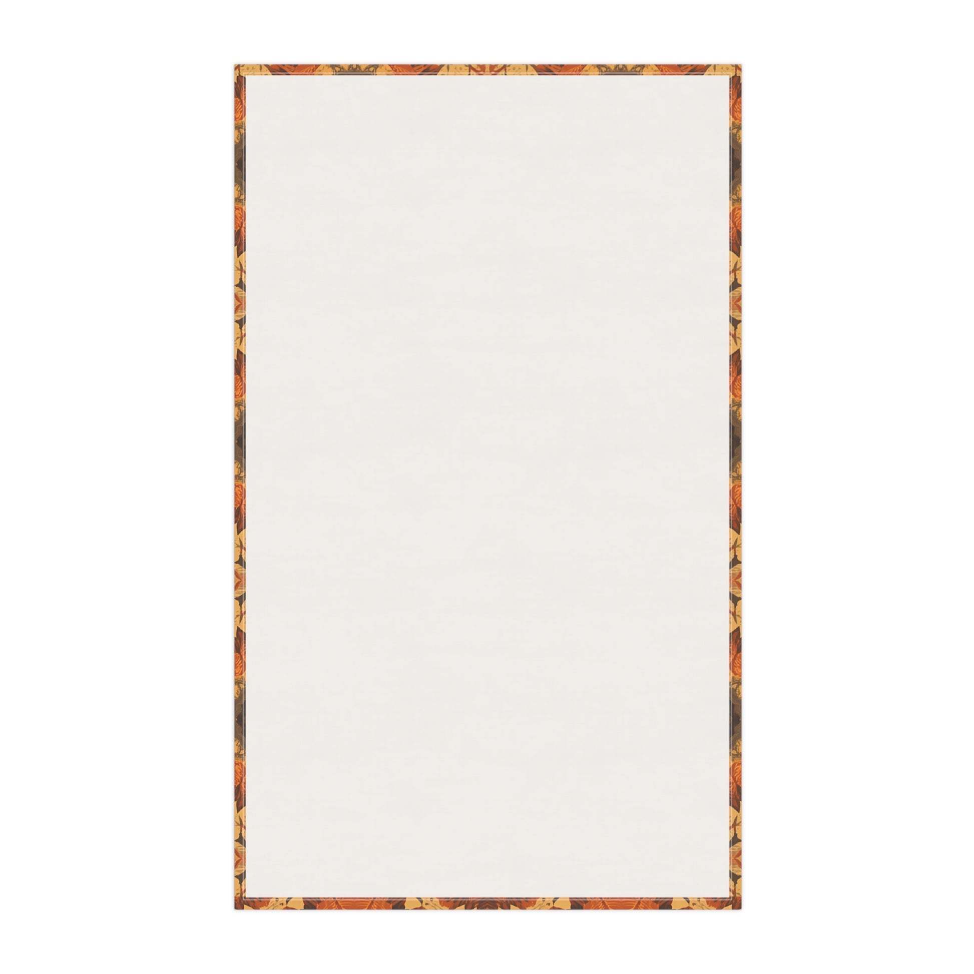 Back view of tea towel with a colorful border on a white background