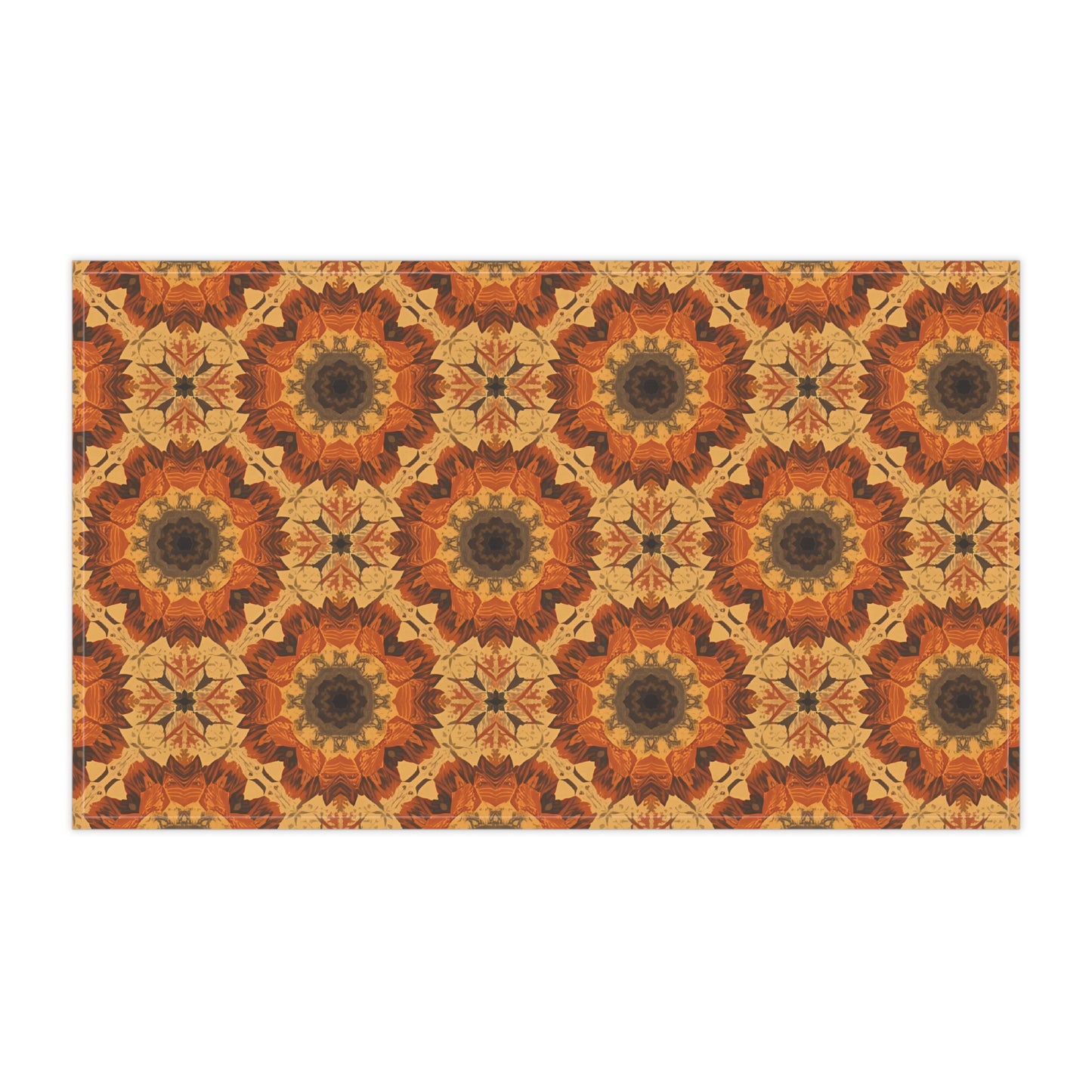 Patterned tea towel with tye-dye orange geometric design on a white background