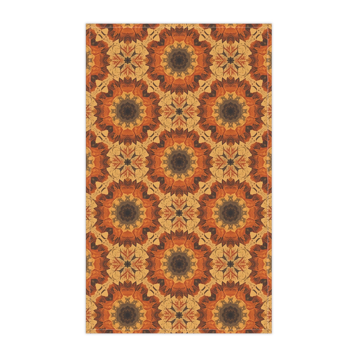 Patterned tye-dye orange floral pattern tea towel with a geometric design on a white background