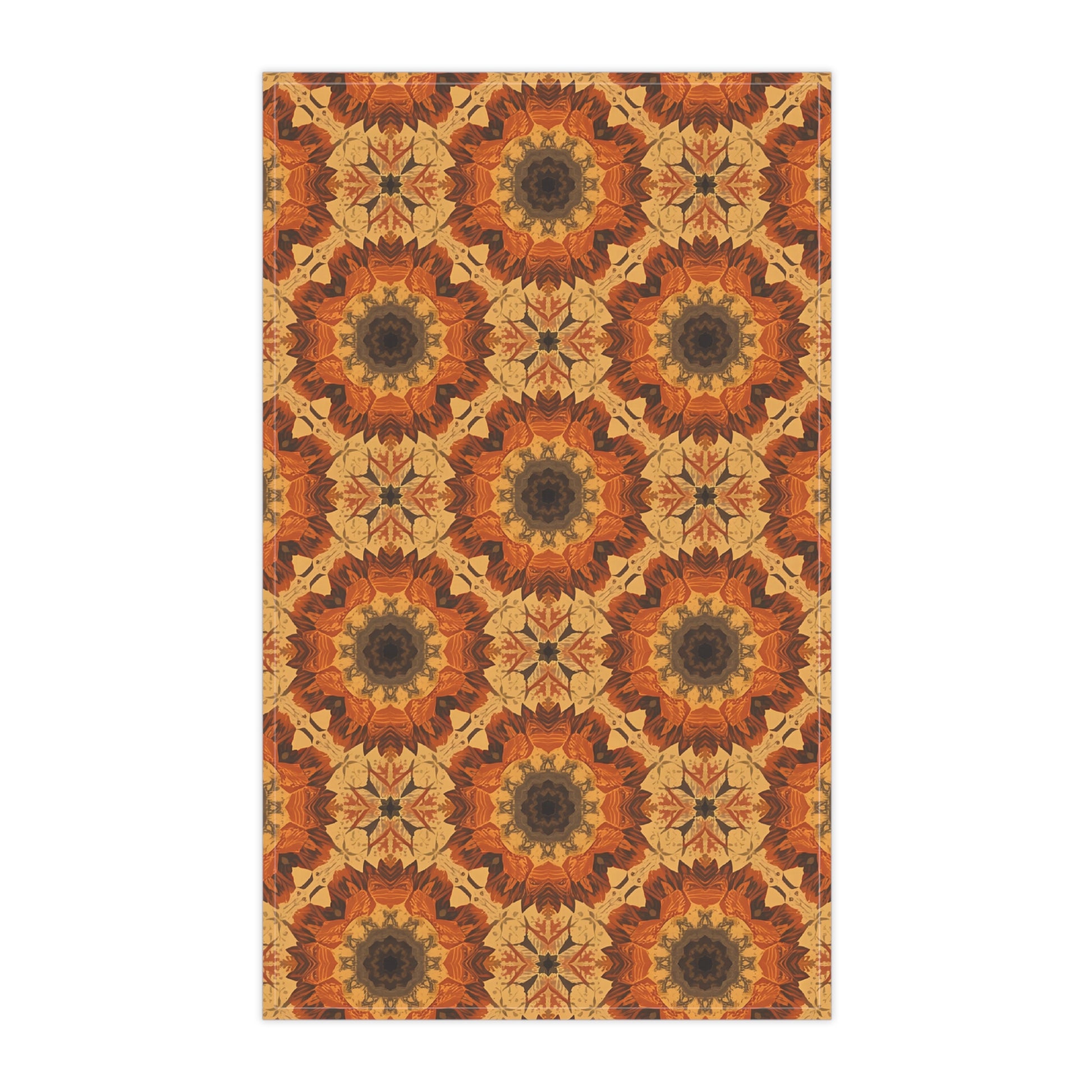 Patterned tye-dye orange floral pattern tea towel with a geometric design on a white background