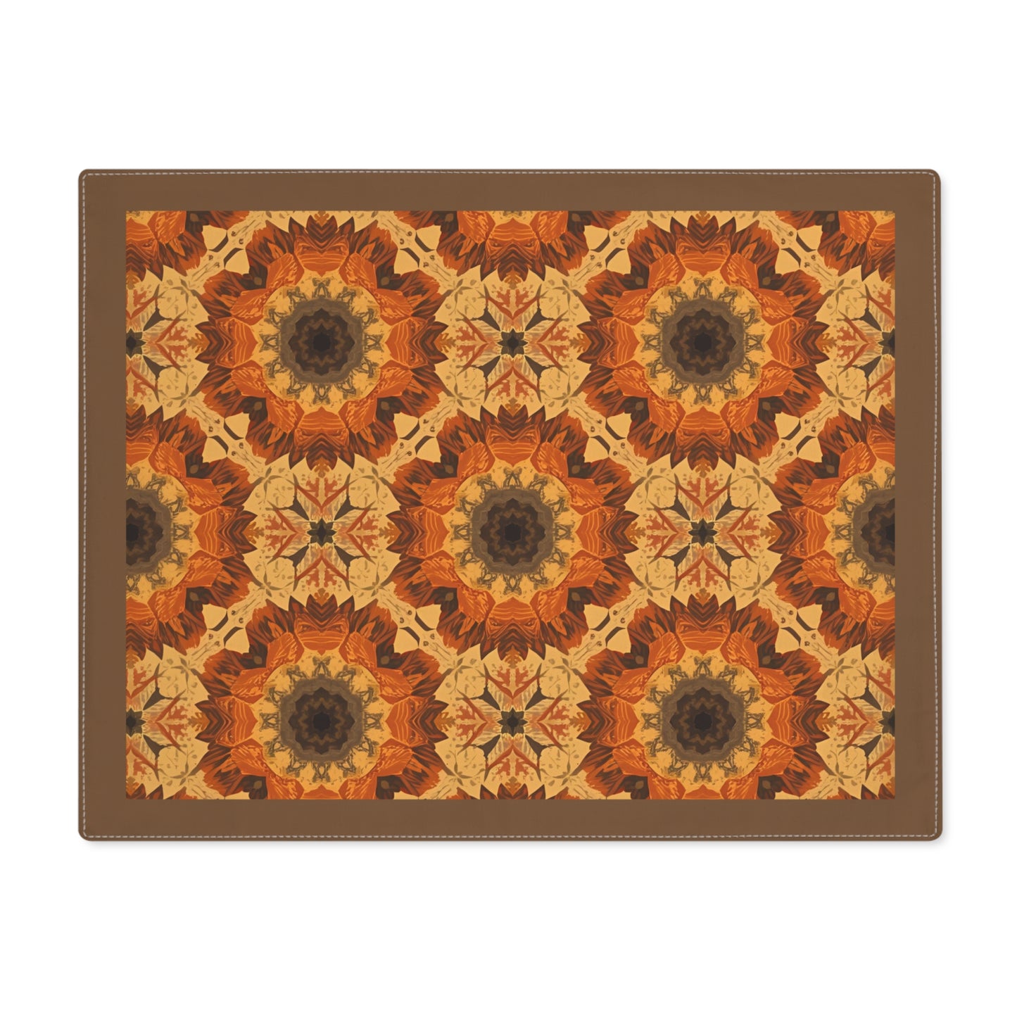 Retro Fall Flowers placemat has orange, yellow and gray geometric tye-dye floral pattern printed on the placemat's cotton twill fabric on a white background