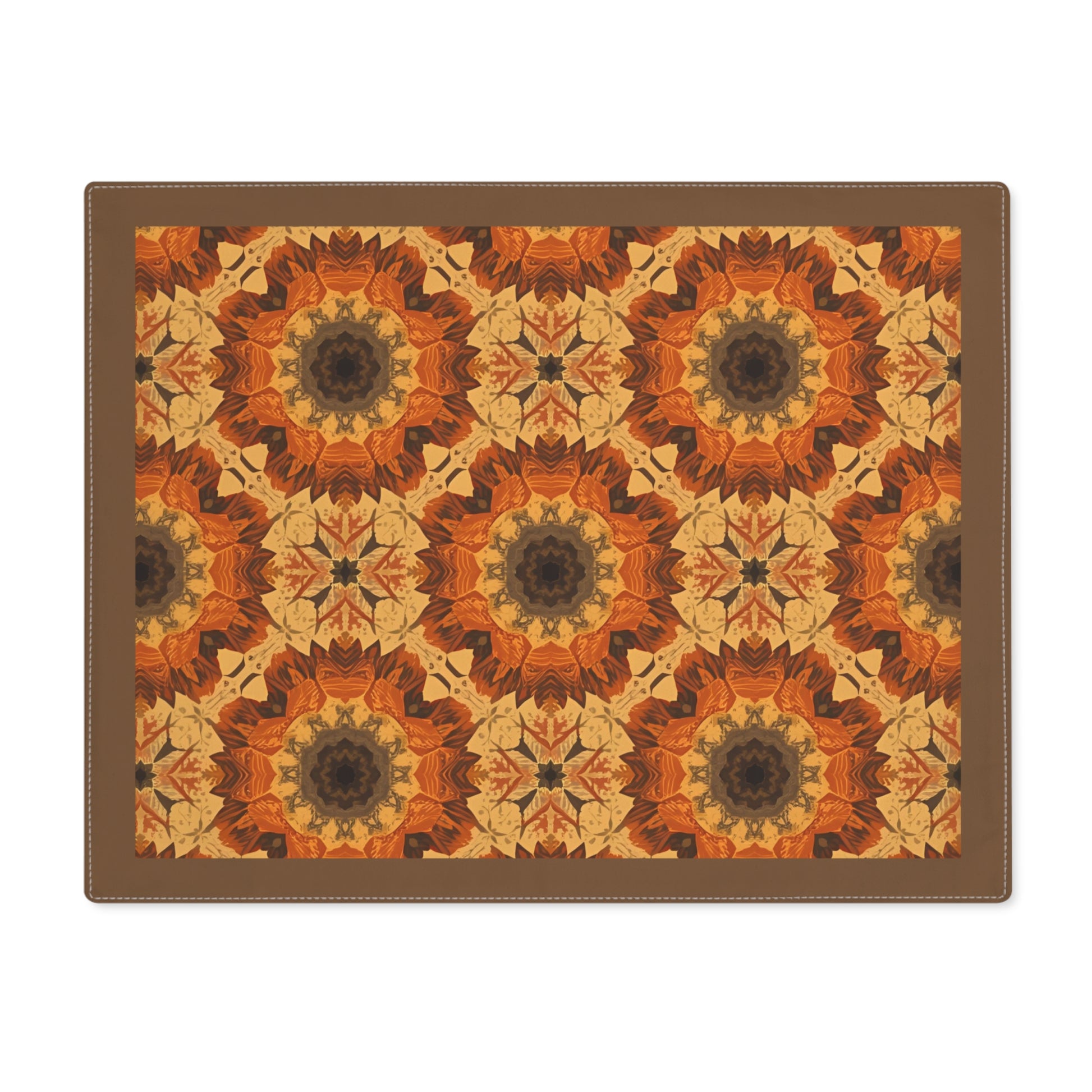 Retro Fall Flowers placemat has orange, yellow and gray geometric tye-dye floral pattern printed on the placemat's cotton twill fabric on a white background
