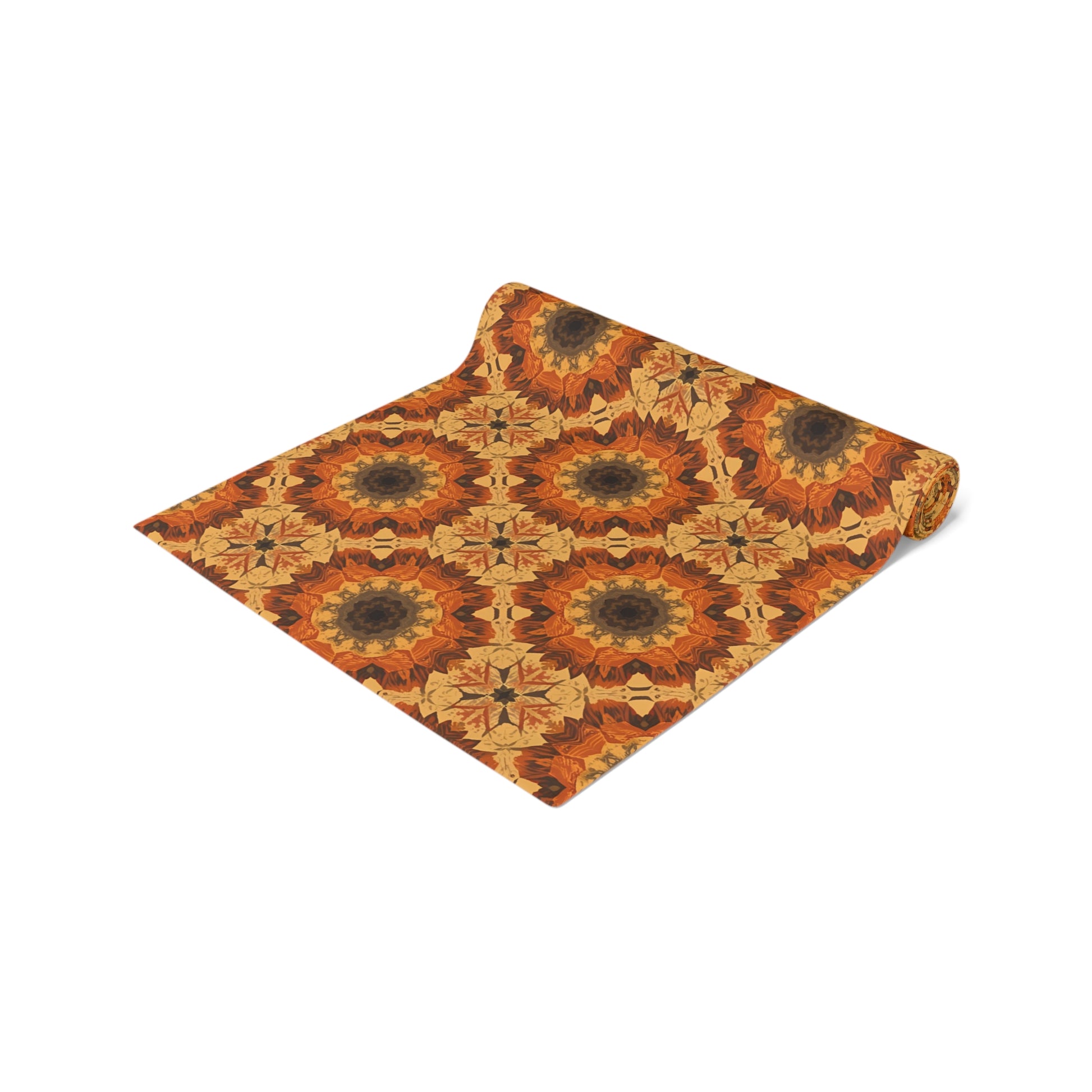 Decorative orange, gray and yellow rolled polyester table runner with a geometric tye-dye pattern on a white background
