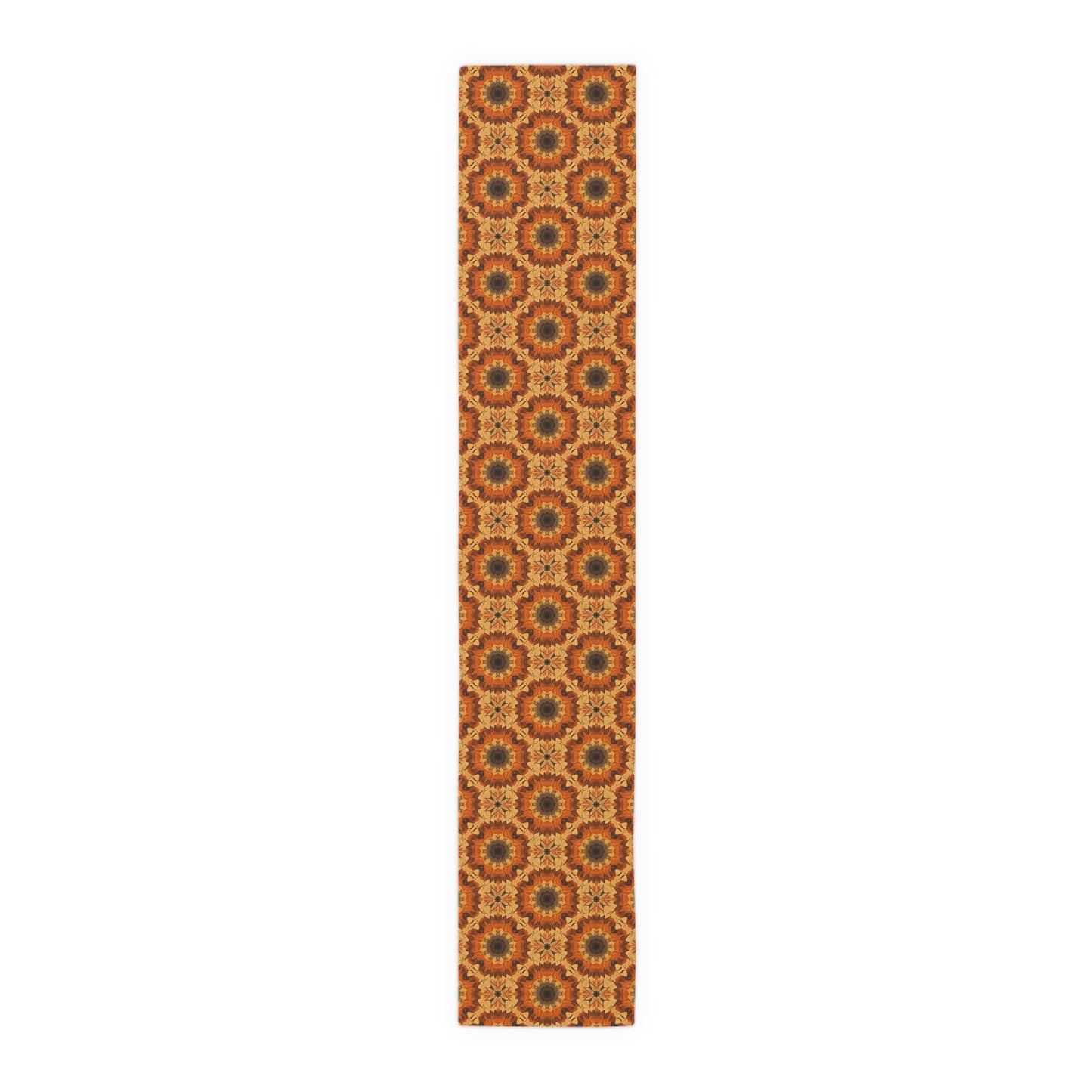 Orange, yellow and gray polyester table runner with a geometric floral pattern on a white background