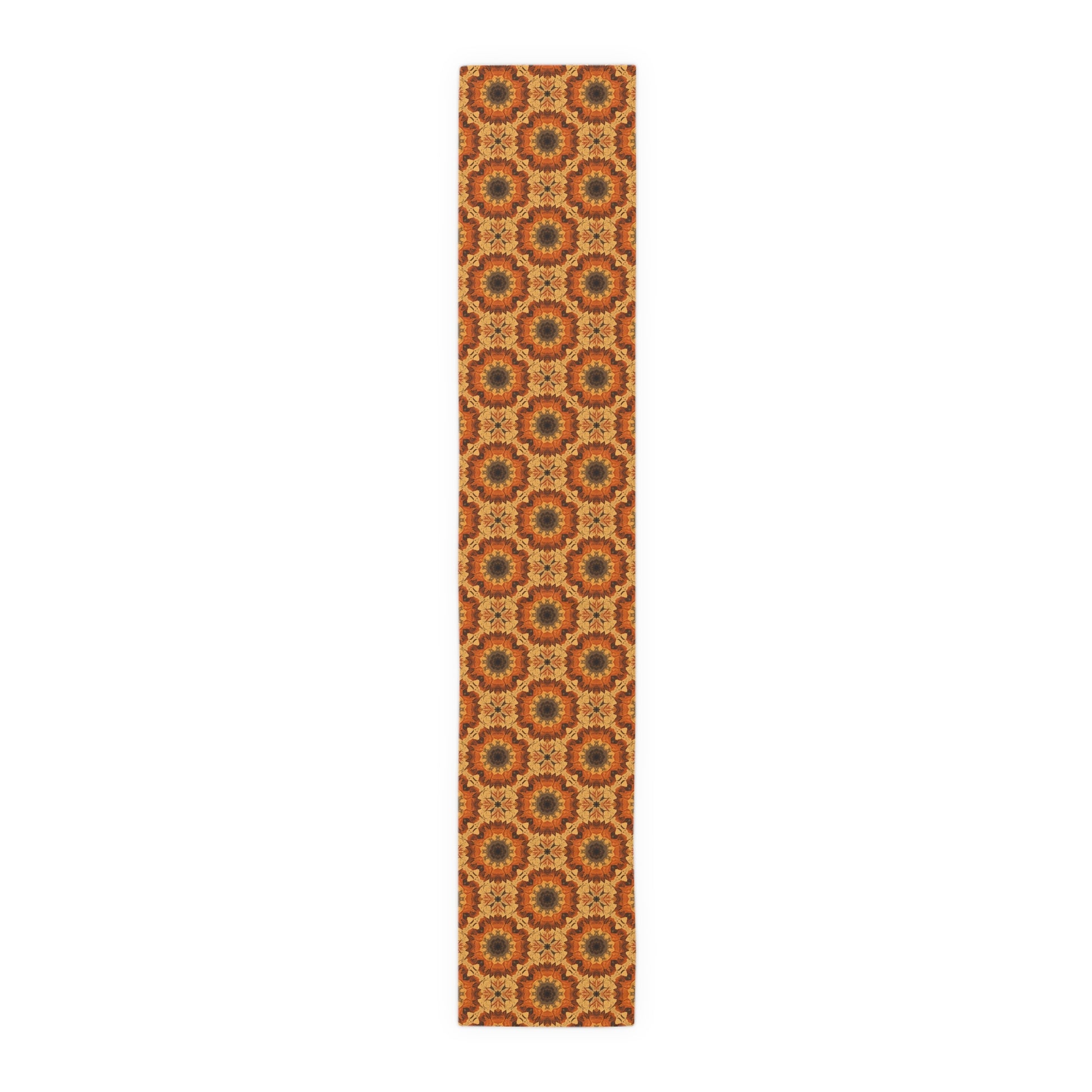 Orange, yellow and gray polyester table runner with a geometric floral pattern on a white background