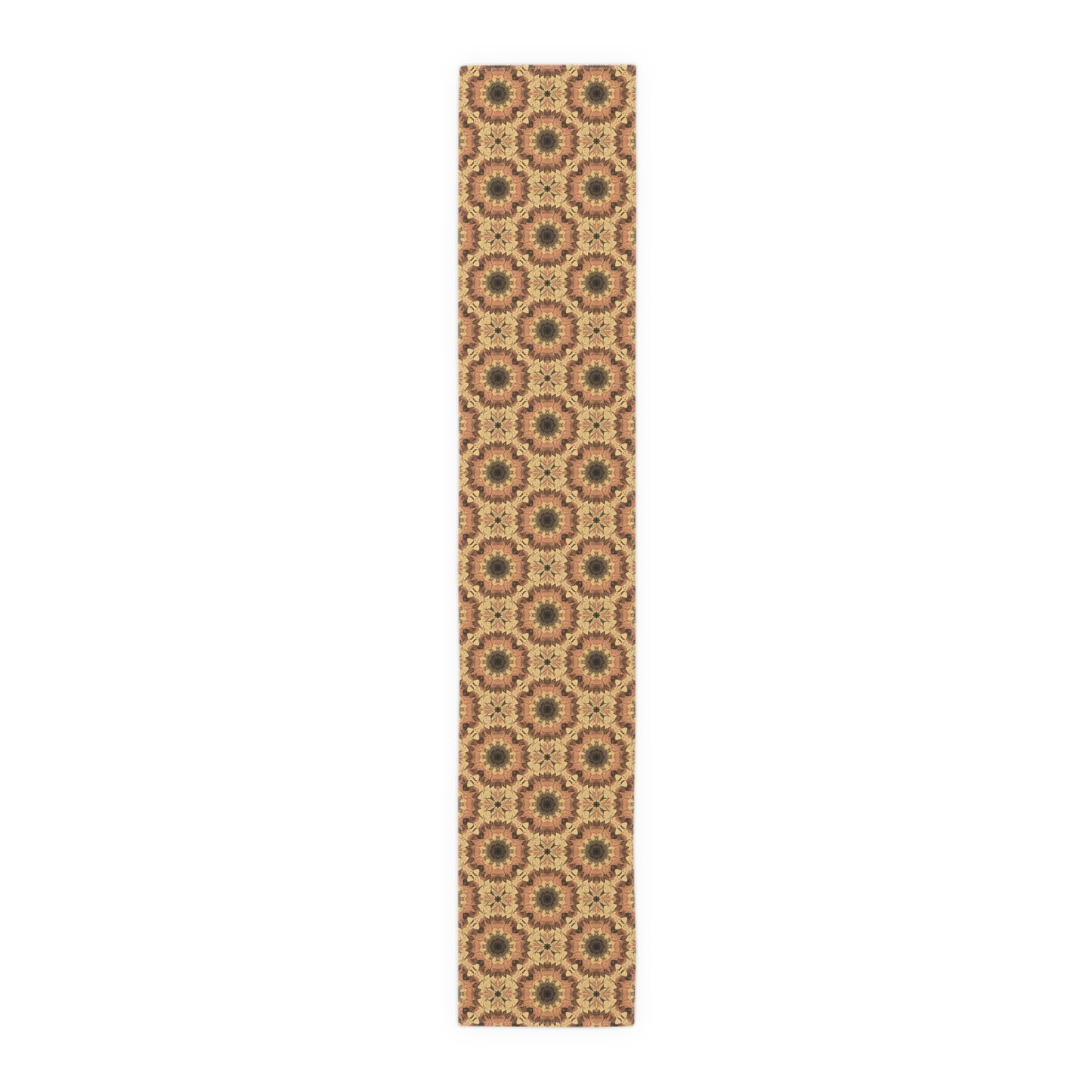 Orange, gray and yellow cotton table runner with a geometric floral pattern on a white background