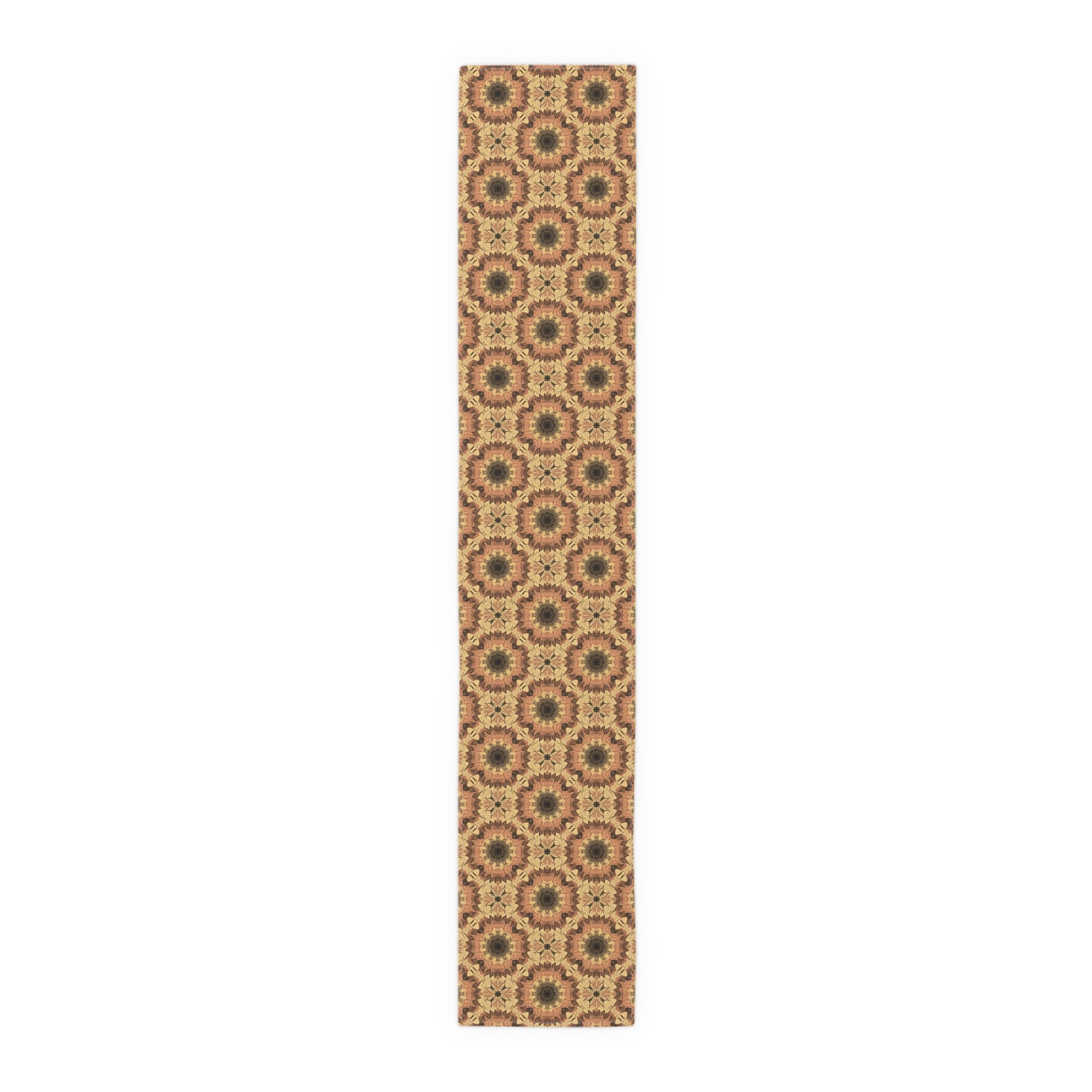 Orange, gray and yellow cotton table runner with a geometric floral pattern on a white background