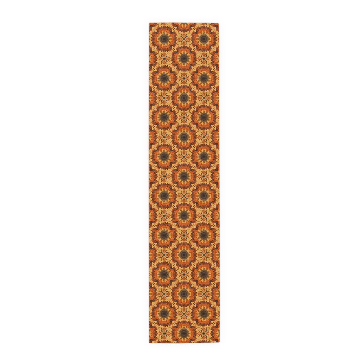 Orange, gray and yellow polyester  table runner with a geometric tye-dye pattern on a white background