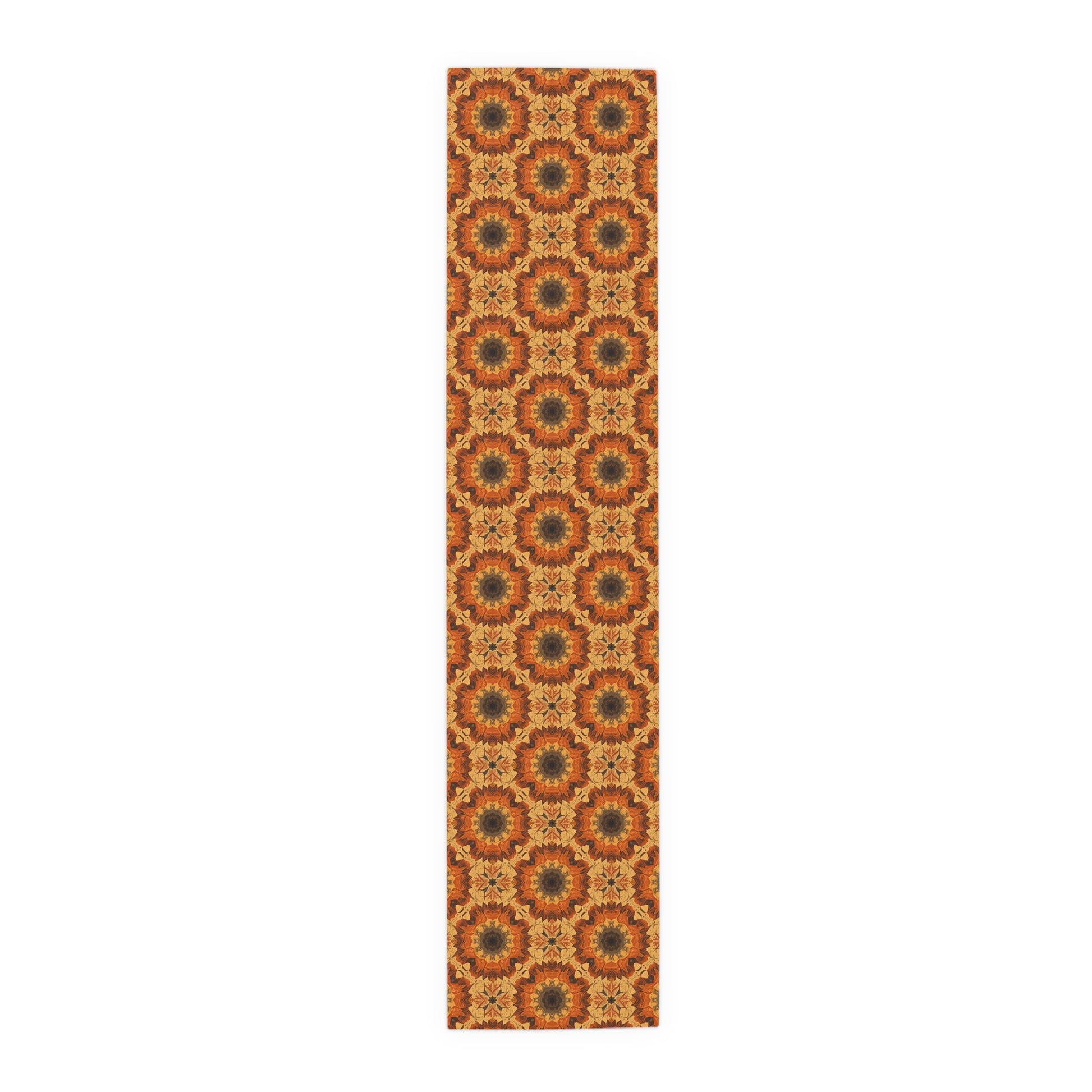 Orange, gray and yellow polyester  table runner with a geometric tye-dye pattern on a white background