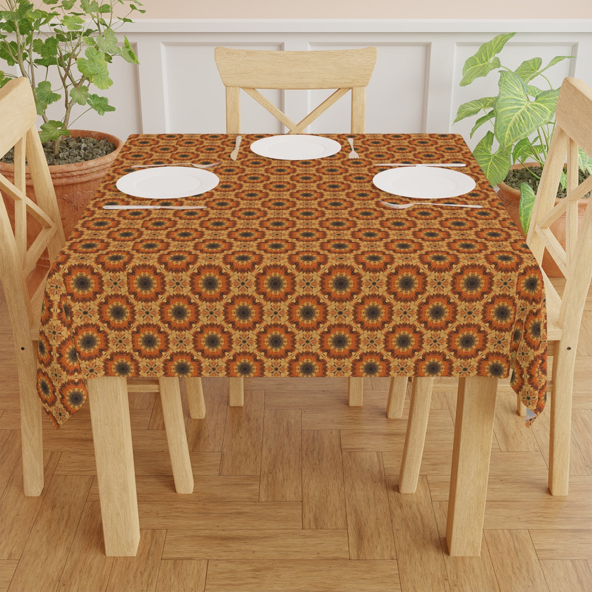Retro Fall Flowers Tablecloth - 100% Cotton Twill Tablecloth, 58" × 58" and 58" × 102" Sizes, Fall Tye-Dye Autumn Flowers Tablecloth, Groovy Thanksgiving Tablecloth, Fall Tablecloth, Party Tablecloth
