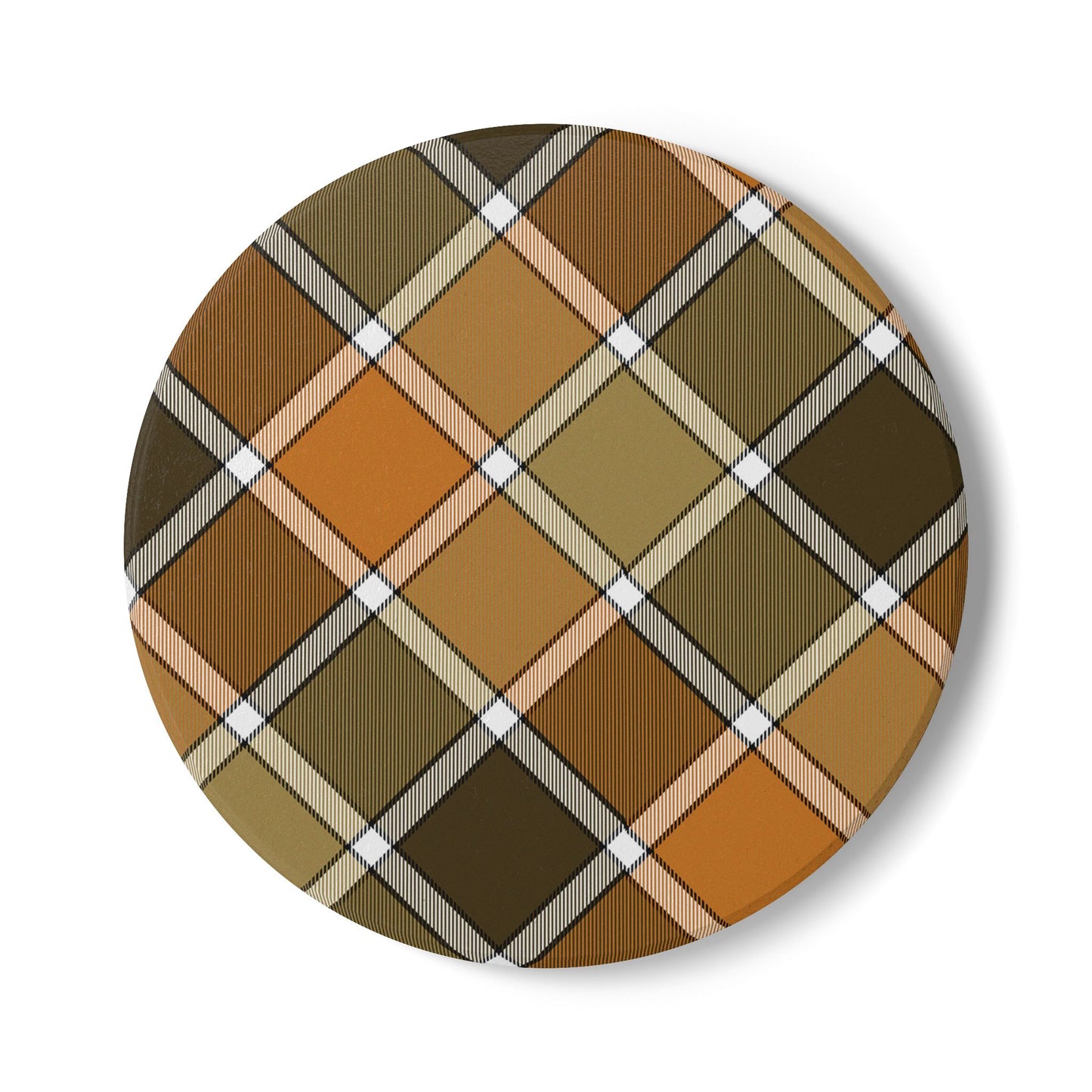 Round ceramic tile coaster with brown , green, orange plaid pattern on a white background