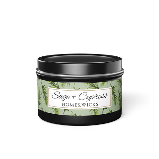Sage & Cypress Coconut Soy Wax Candle, 4 oz. Black Tin Jar with Lid - Aromatic Scented Candle, Captivating Scented Candle, Fall Candle