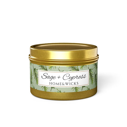 Sage & Cypress Coconut Soy Wax Candle, 4 oz. Gold Tin Jar with Lid - Aromatic Scented Candle, Captivating Scented Candle, Fall Candle
