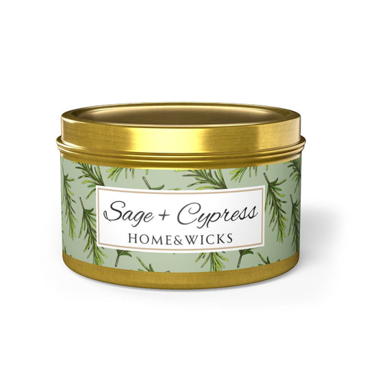 Sage & Cypress Coconut Soy Wax Candle, 8 oz. Gold Tin Jar with Lid - Aromatic Scented Candle, Captivating Scented Candle, Fall Candle
