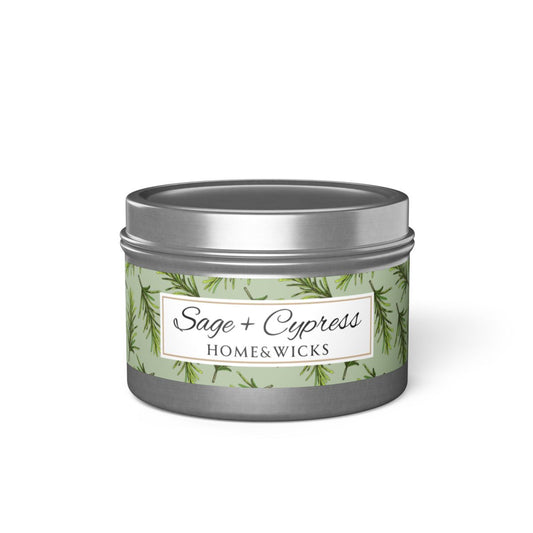 Sage & Cypress Coconut Soy Wax Candle, 4 oz. Silver Tin Jar with Lid - Aromatic Scented Candle, Captivating Scented Candle, Fall Candle