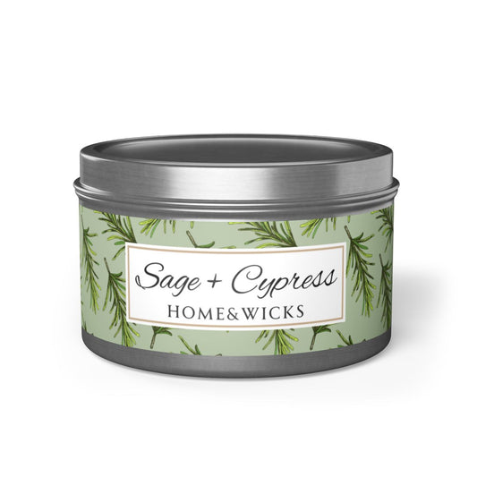 Sage & Cypress Coconut Soy Wax Candle, 8 oz. Silver Tin Jar with Lid - Aromatic Scented Candle, Captivating Scented Candle, Fall Candle