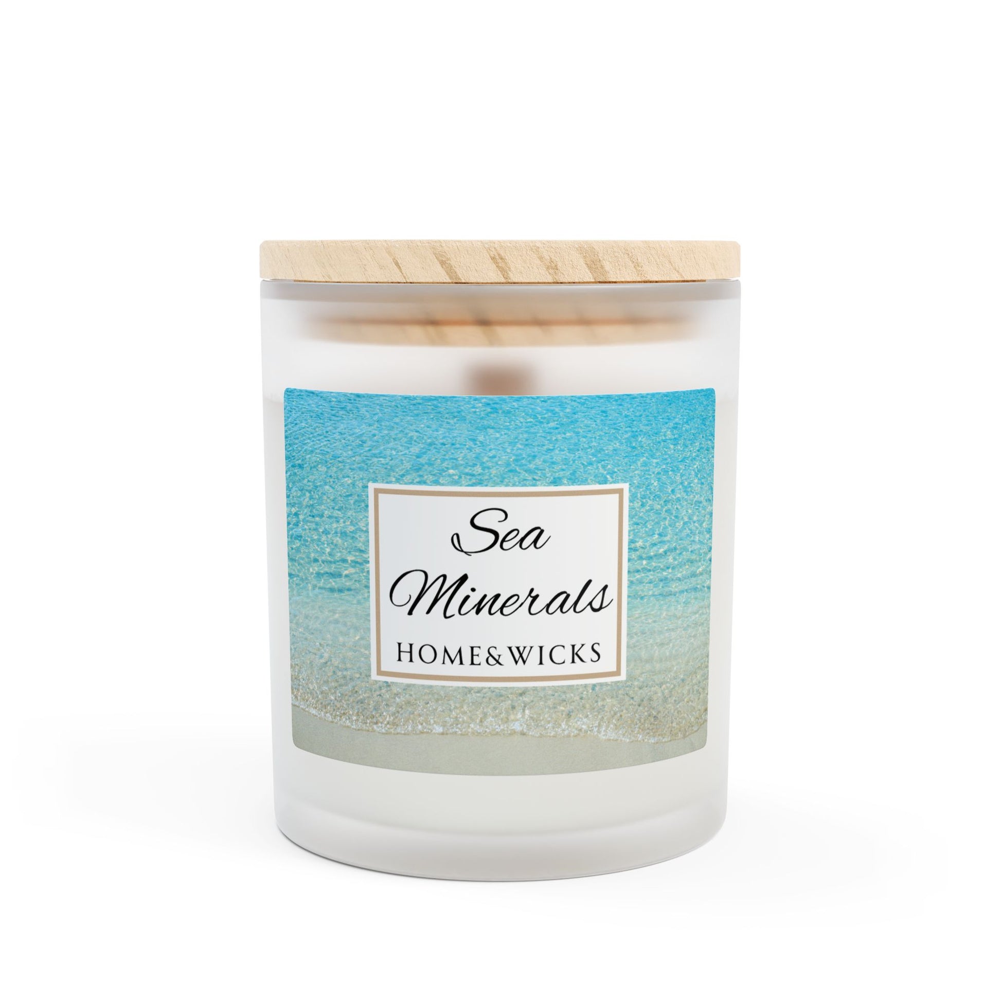 Candle with a wooden lid and 'Sea Minerals Home & Wicks' label on a white background