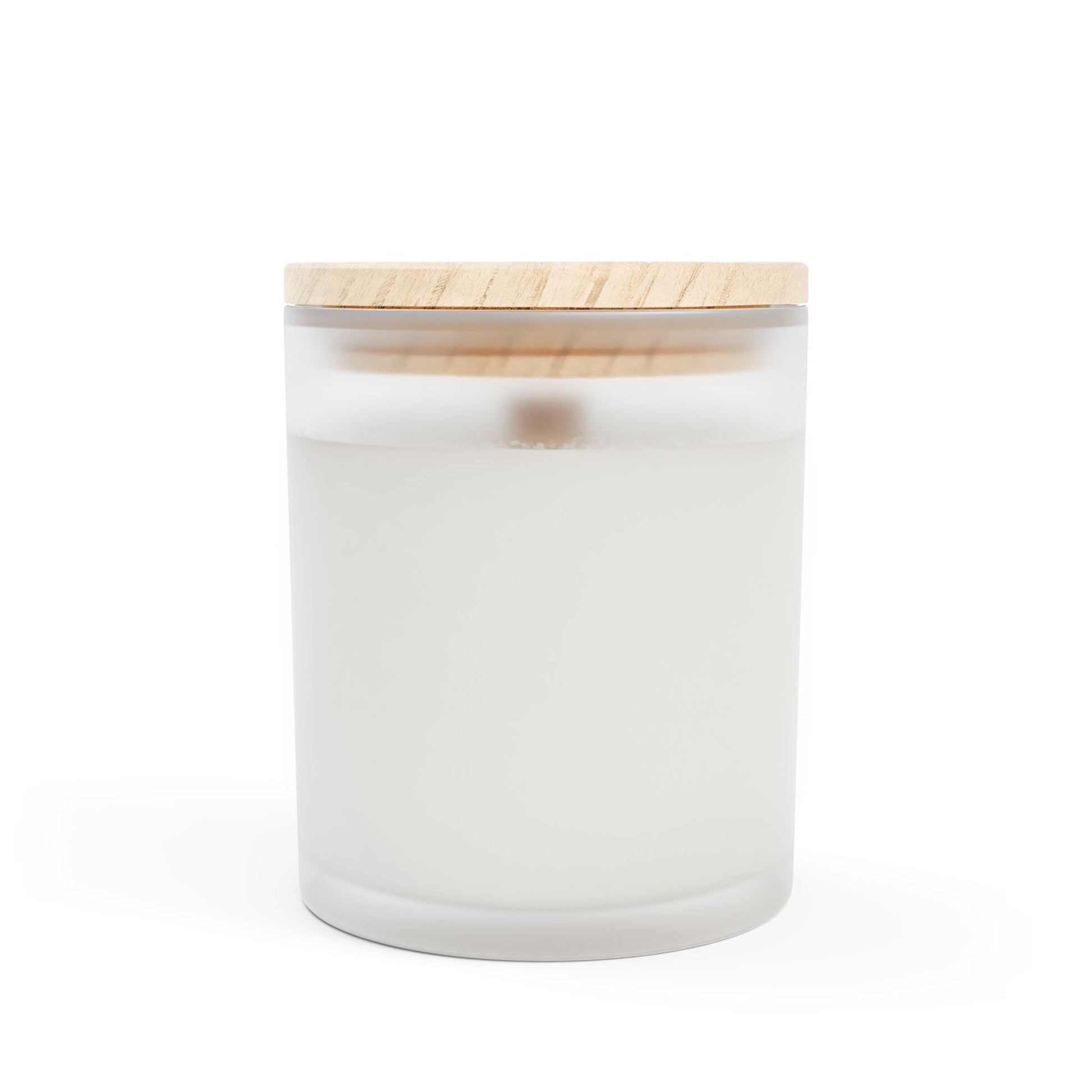 White candle in a glass jar with a wooden lid on a white background Sea Minerals label