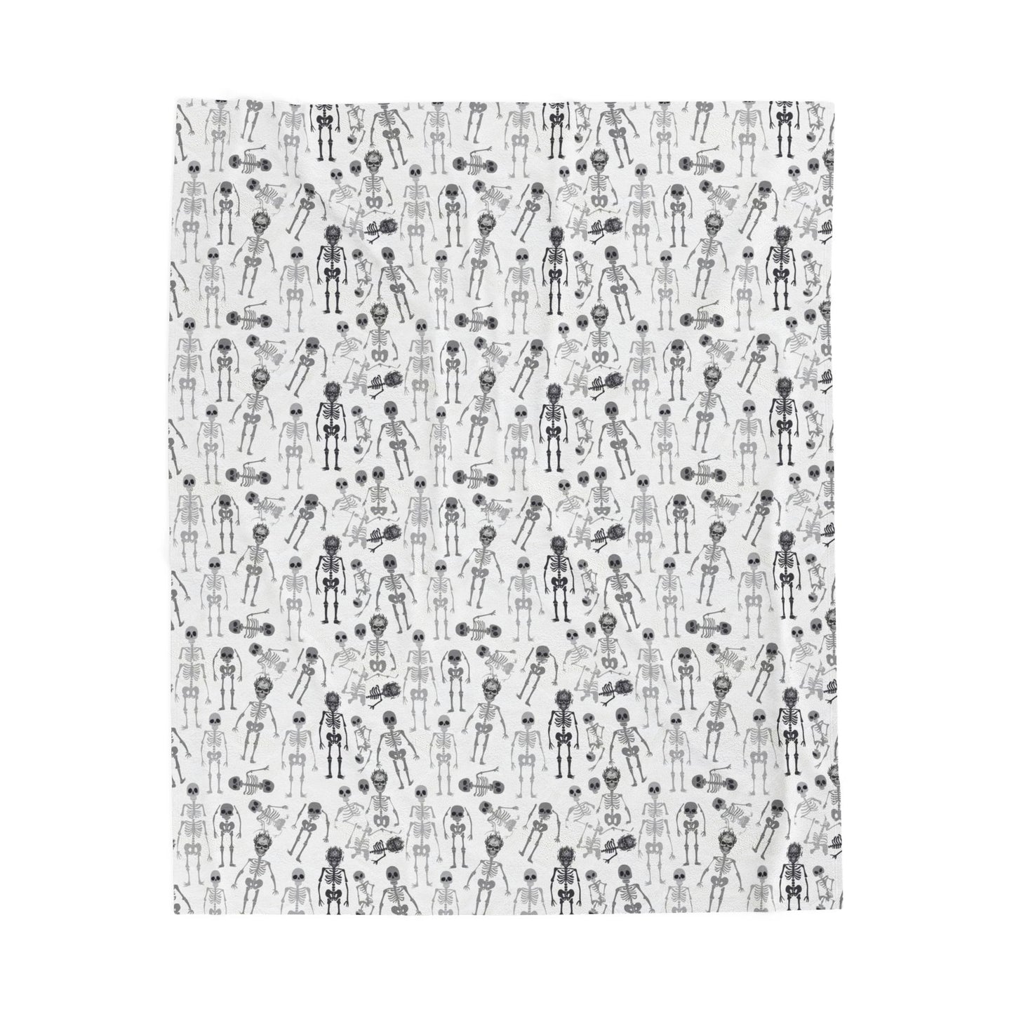 Halloween-themed Skeletons patterned blanket with black and white skeletons on a white background on front of blanket, on a white background