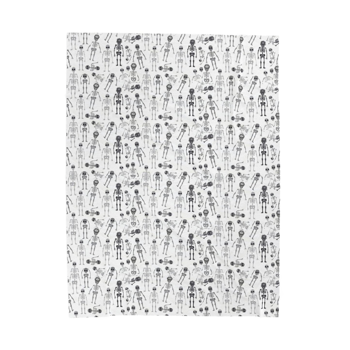 Halloween-themed Skeletons patterned blanket with black and white skeletons on a white background on front of blanket, on a white background