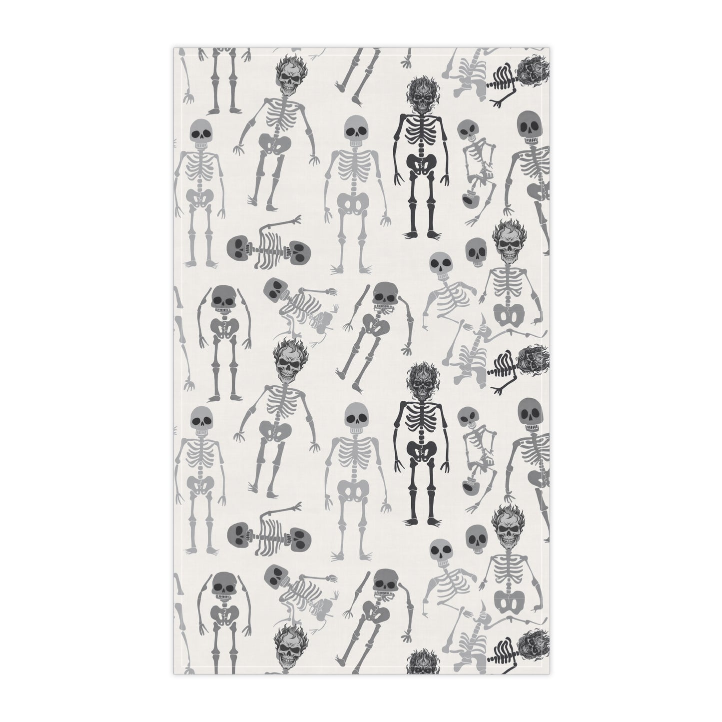 Skeletons tea kitchen towel with black and white skeleton pattern on front of towel, on a white background