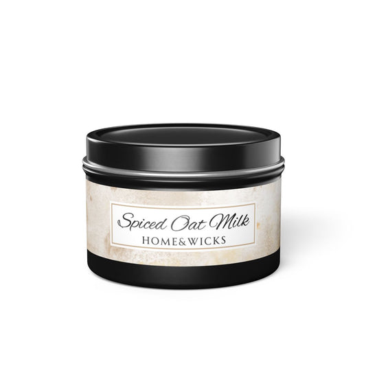Spiced Oat Milk Scented Coconut Soy Wax Candle, 4 oz. Black Tin Jar with Lid - Cinnamon Scented Candle, Cozy Candle, Gourmand Spice Candle