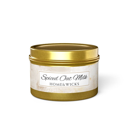 Spiced Oat Milk Coconut Soy Wax Candle, 4 oz. Gold Tin Jar with Lid - Cinnamon Scented Candle, Cozy Candle, Gourmand Spice Candle