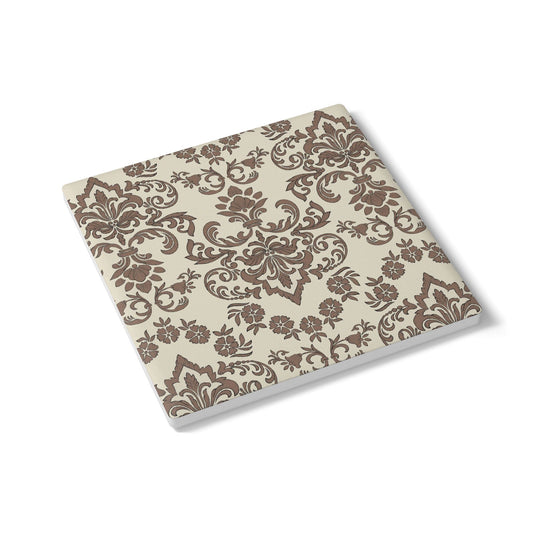 Square baroque mocha tile coaster with brown floral pattern on beige cover