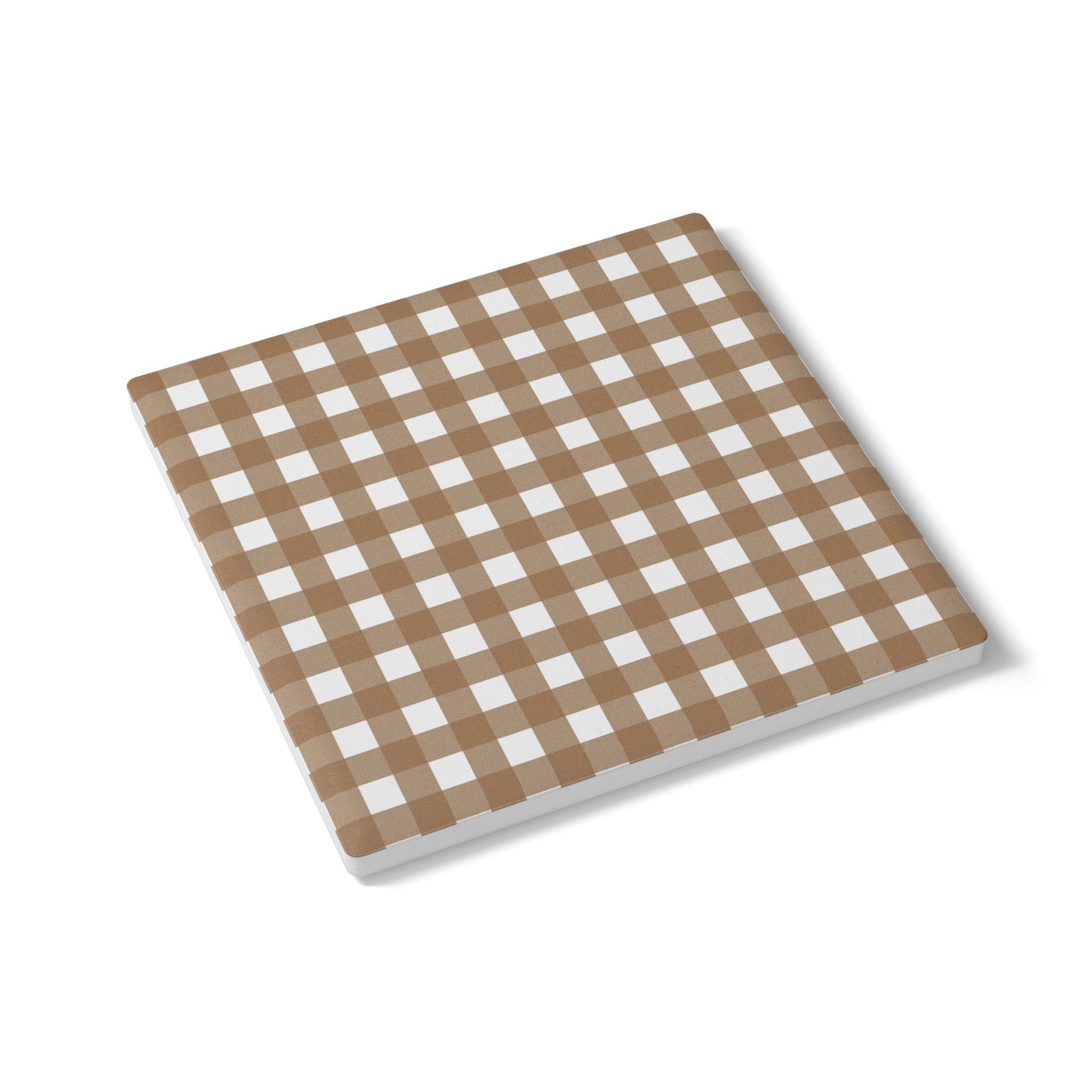 Square Brown gingham checkered ceramic tile coaster on a white background