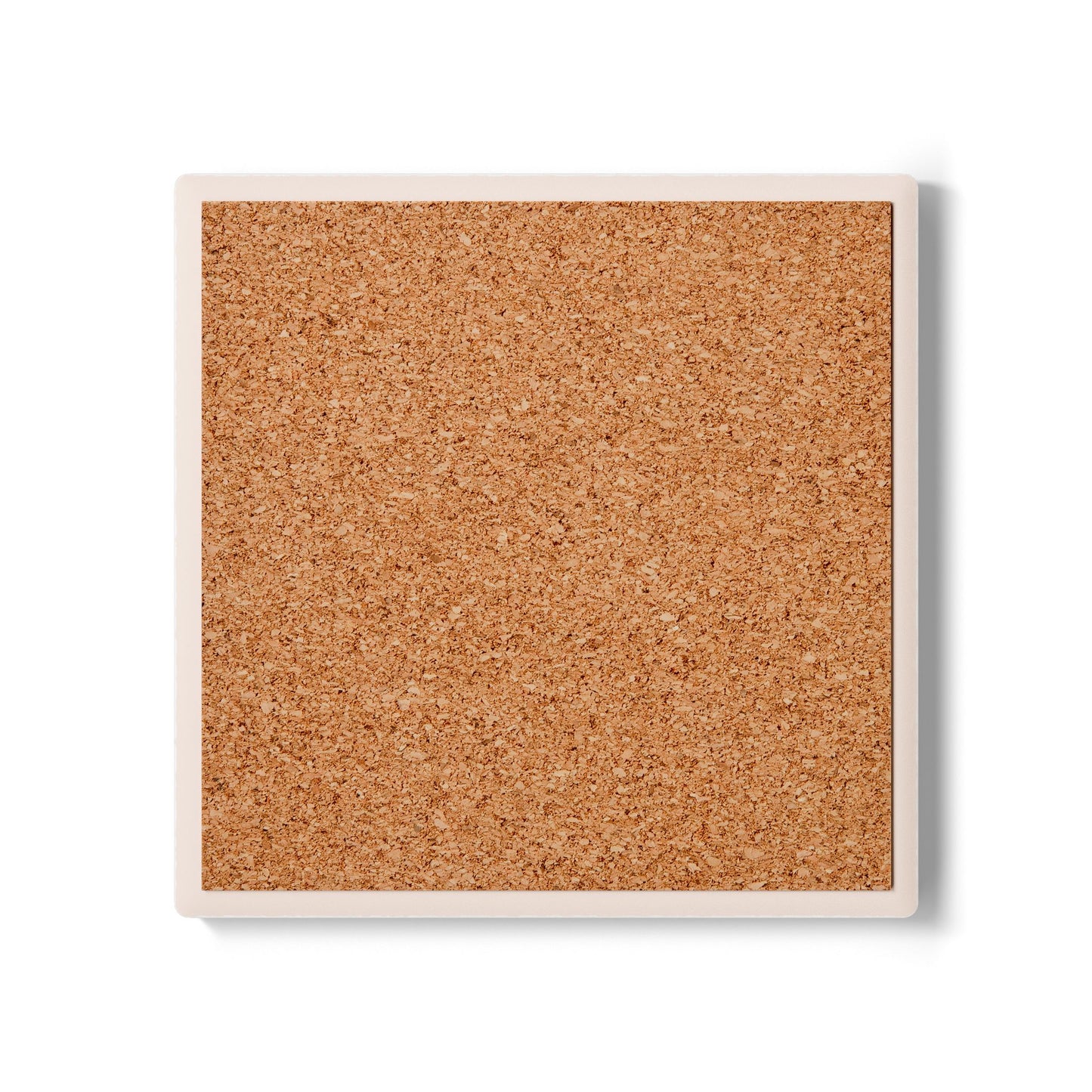 Back view of ceramic tile coaster with cork backing on a white background