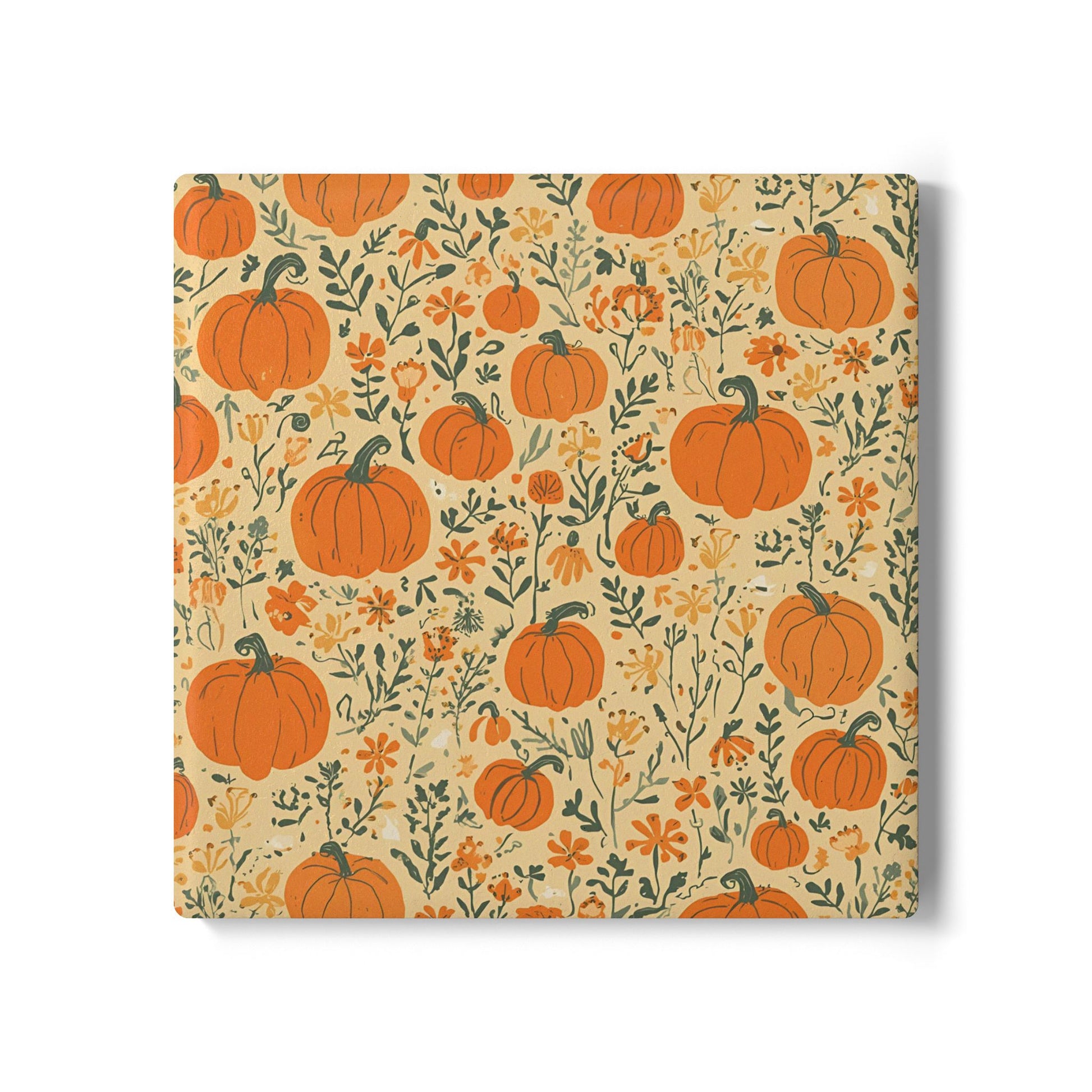 Square ceramic tile coaster with  pumpkins and flowers on a beige background