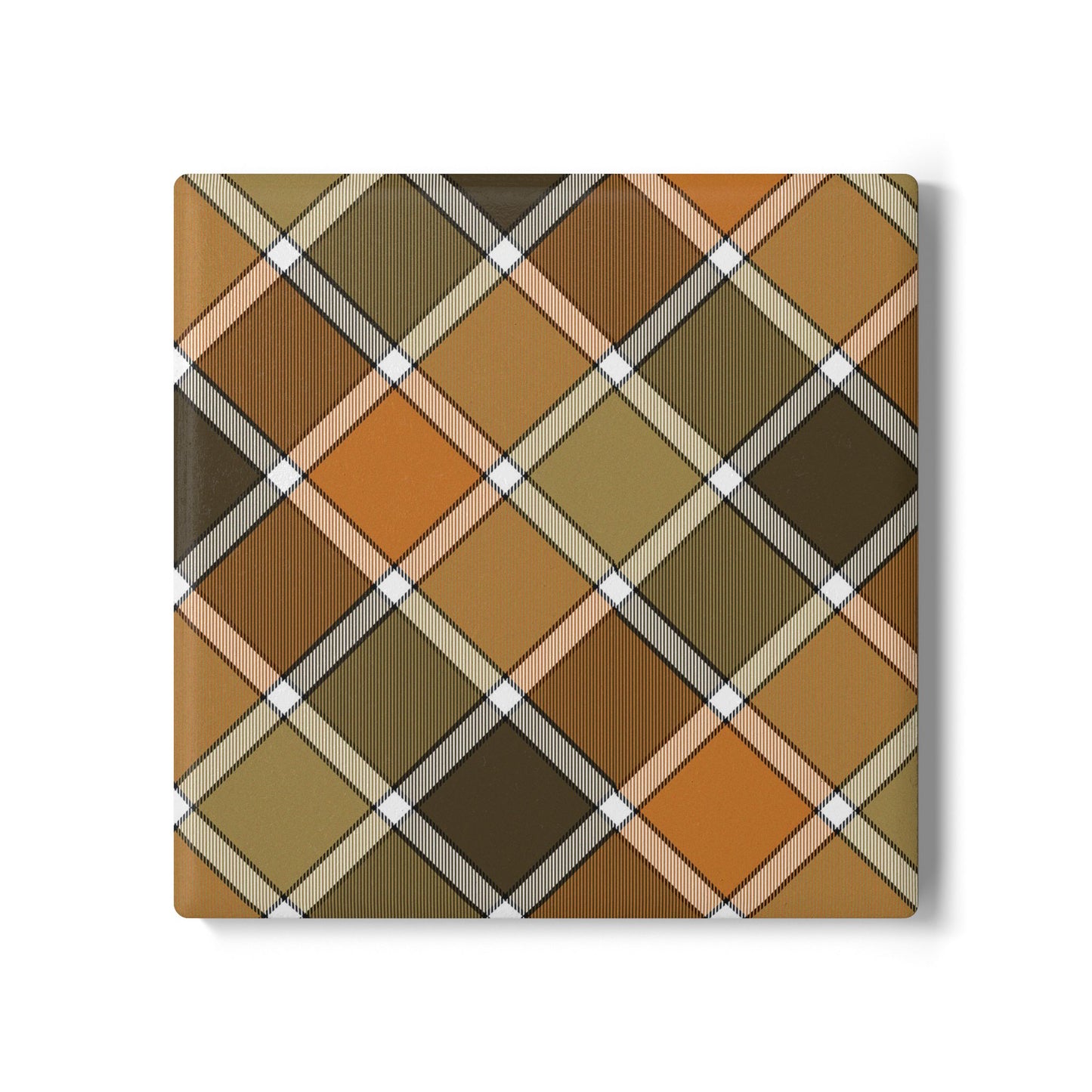Square ceramic tile coaster with brown, green and orange plaid pattern on a white background