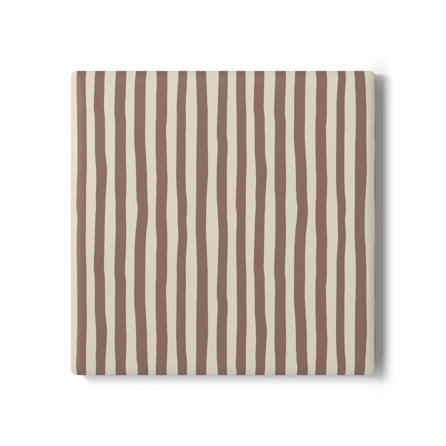 Square Mocha Striped tile coaster with brown and beige vertical stripes on a white background
