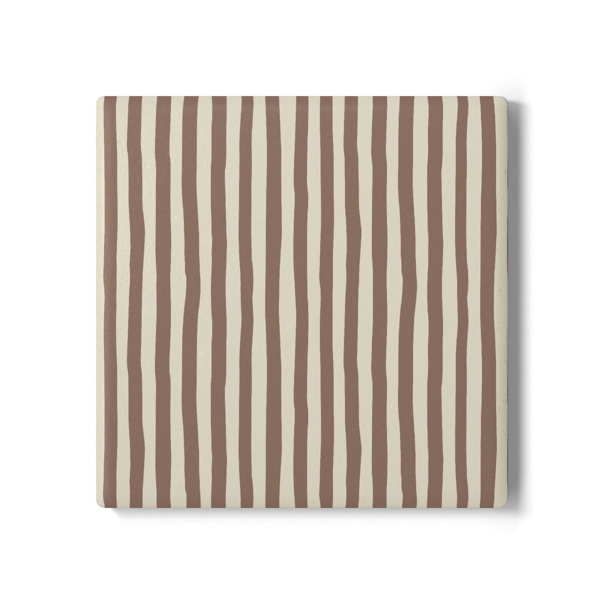 Square Mocha Striped tile coaster with brown and beige vertical stripes on a white background