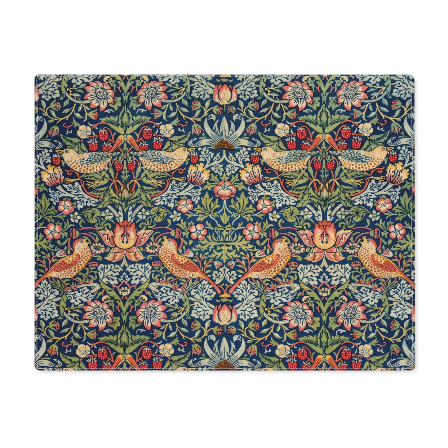 Cotton twill placemat that has the Strawberry Thief illustration by William Morris with a blue background printed on the front of the placemat, on a white background