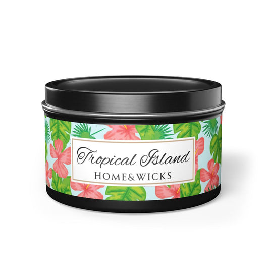 Tropical Island Scented Coconut Soy Wax Candle, 8 oz. Black Tin Jar with Lid -  Tropical Candle, Fruit Scented Candle, Tropical Decor