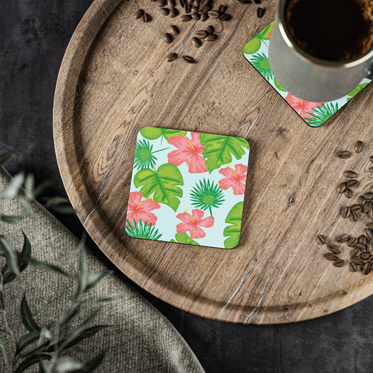 Tropical Island - Square Hardboard Coaster, Cork Backed  - 3.75" x 3.75" - Perfect for Tropical Home Decor and Gifts - Priced per coaster
