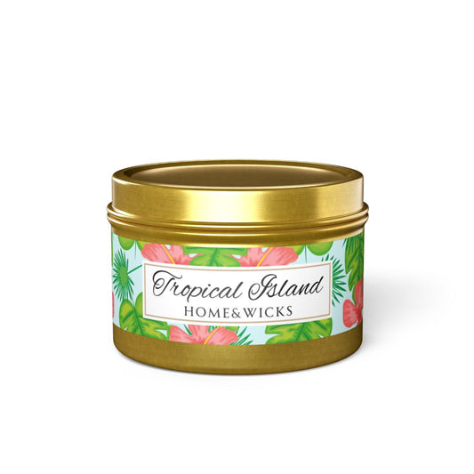 Tropical Island Coconut Soy Wax Candle, 4 oz. Gold Tin Jar with Lid - Tropical Candle, Fruit Scented Candle, Tropical Decor