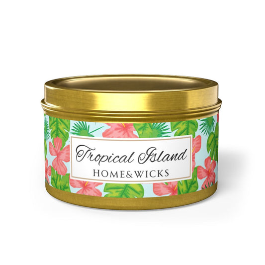 Tropical Island Coconut Soy Wax Candle, 8 oz. Gold Tin Jar with Lid - Tropical Candle, Fruit Scented Candle, Tropical Decor