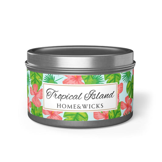 Tropical Island Home & Wicks candle tin with floral label on a white background