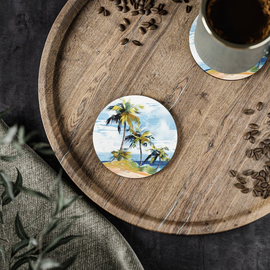Tropical Retreat - Round Hardboard Coaster, Cork Backed  - 3.75"x 3.75" - Perfect for Tropical Home Decor & Gifts - Priced per coaster