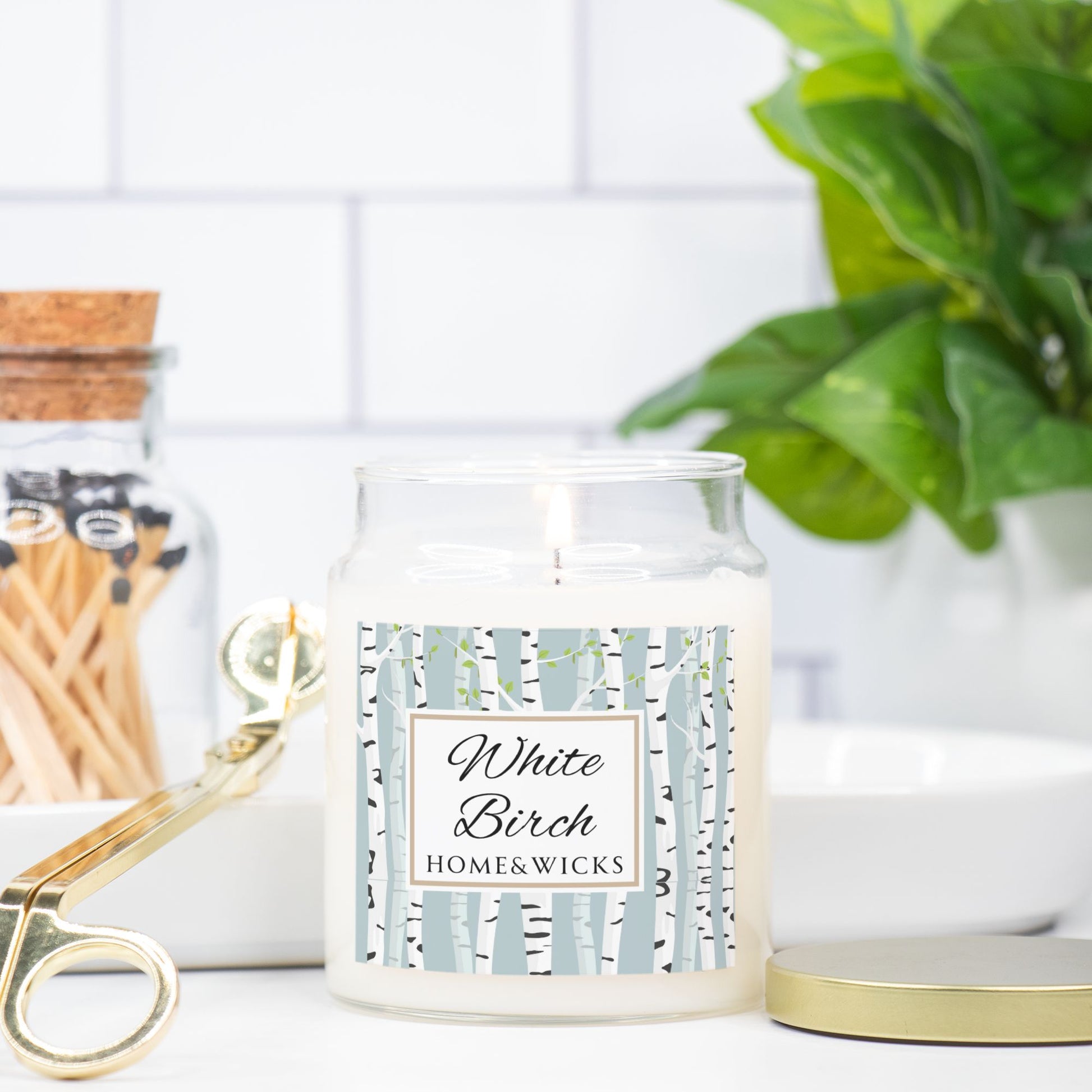 White Birch candle by Home & Wicks on a white surface with a plant and matches in the background.