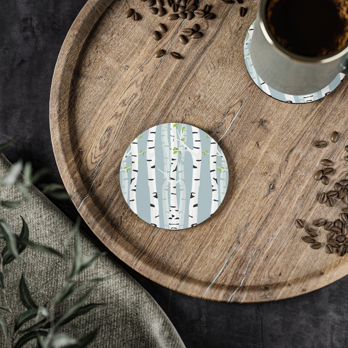 White Birch - Round Hardboard Coaster, Cork Backed  - 3.75" x 3.75" - Perfect for Home Decor and Gifts - Priced per coaster