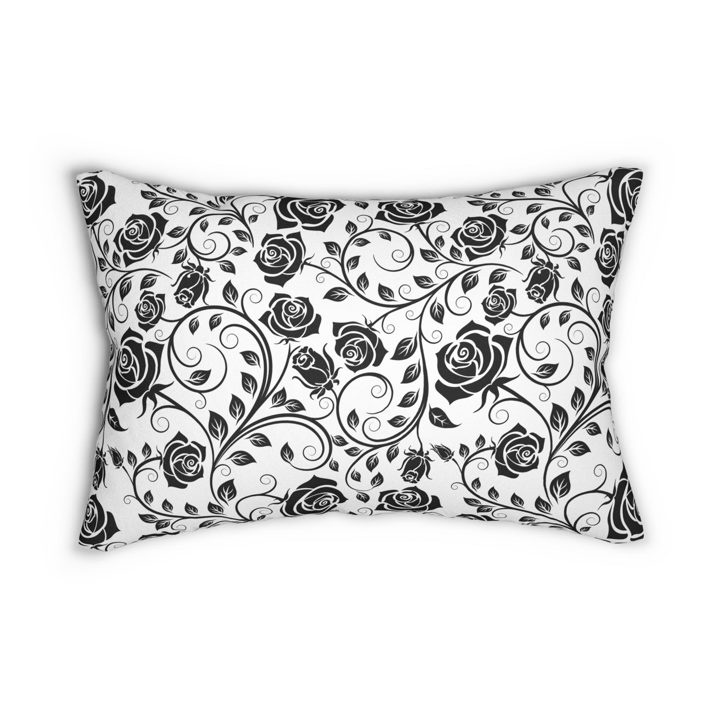 Decorative pillow with black floral pattern on a white background