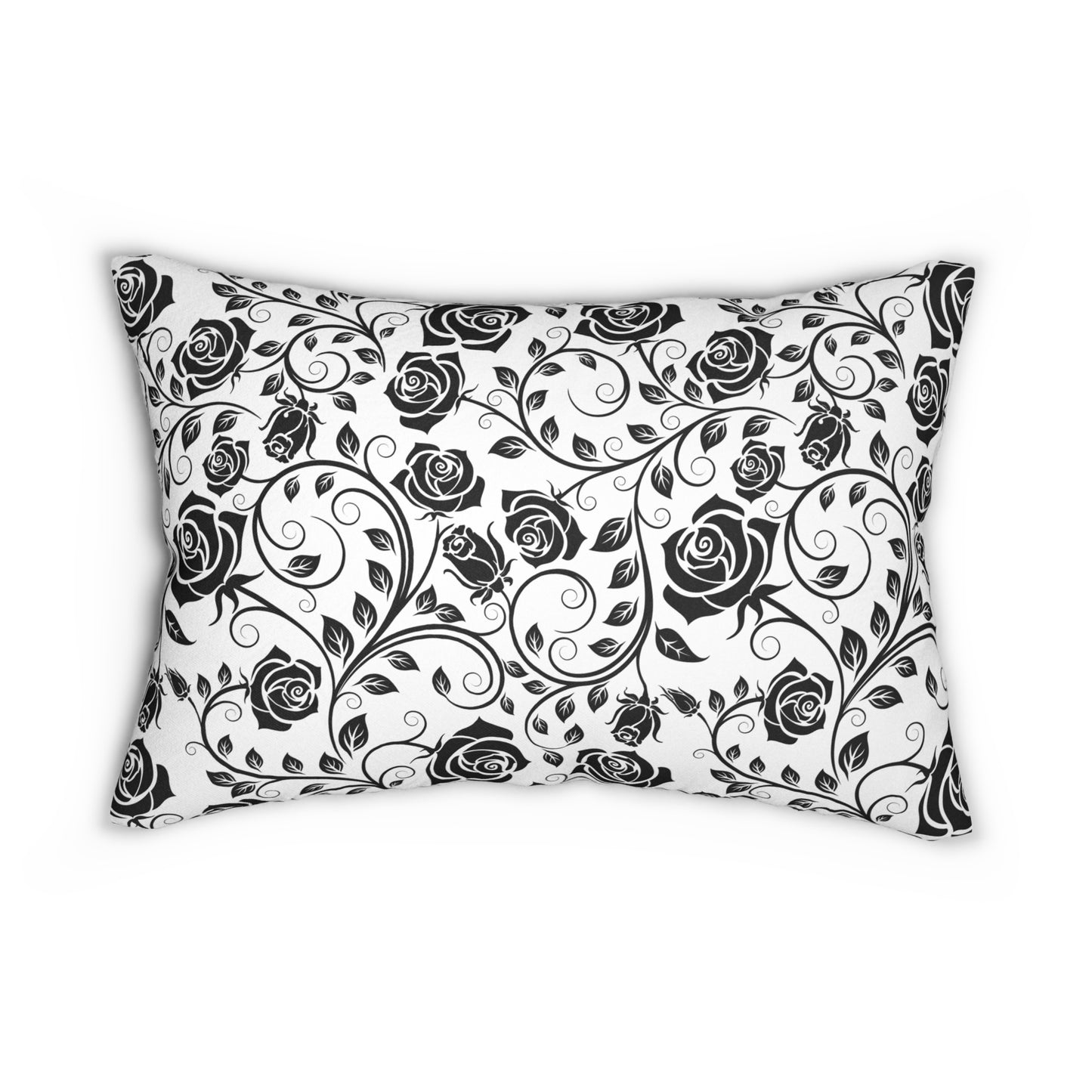 Decorative pillow with black floral pattern on a white background