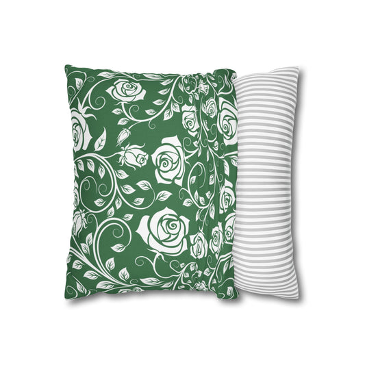 Green floral pattern pillow cover, on a white background.
