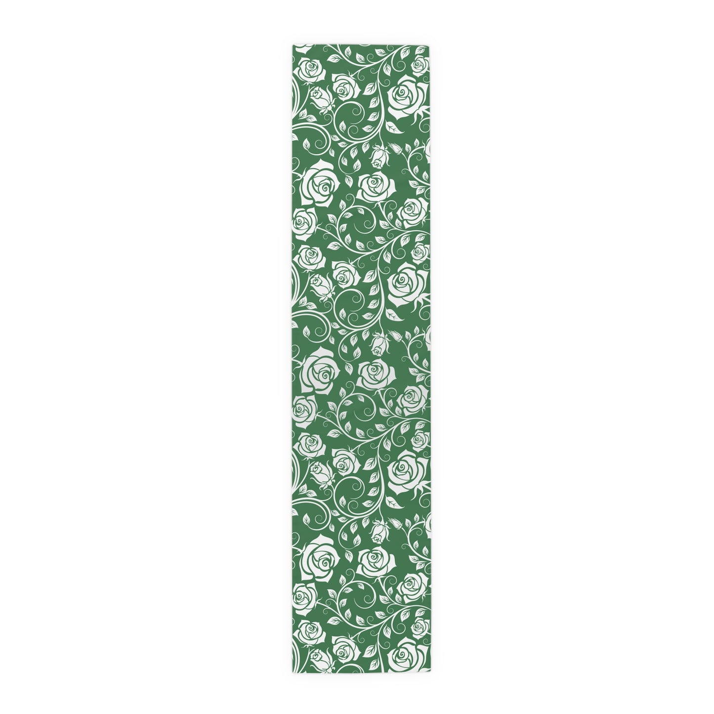 Table runner with white floral pattern on a green background on a white background