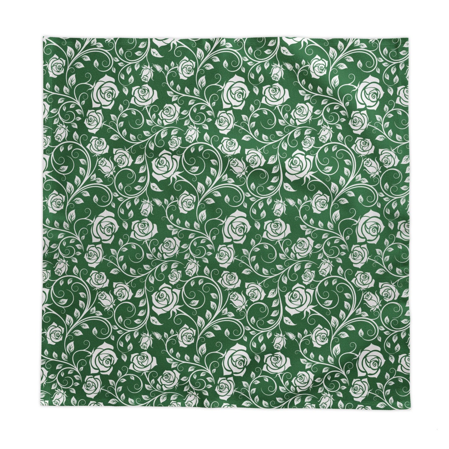 Green fabric with white floral pattern square tablecloth