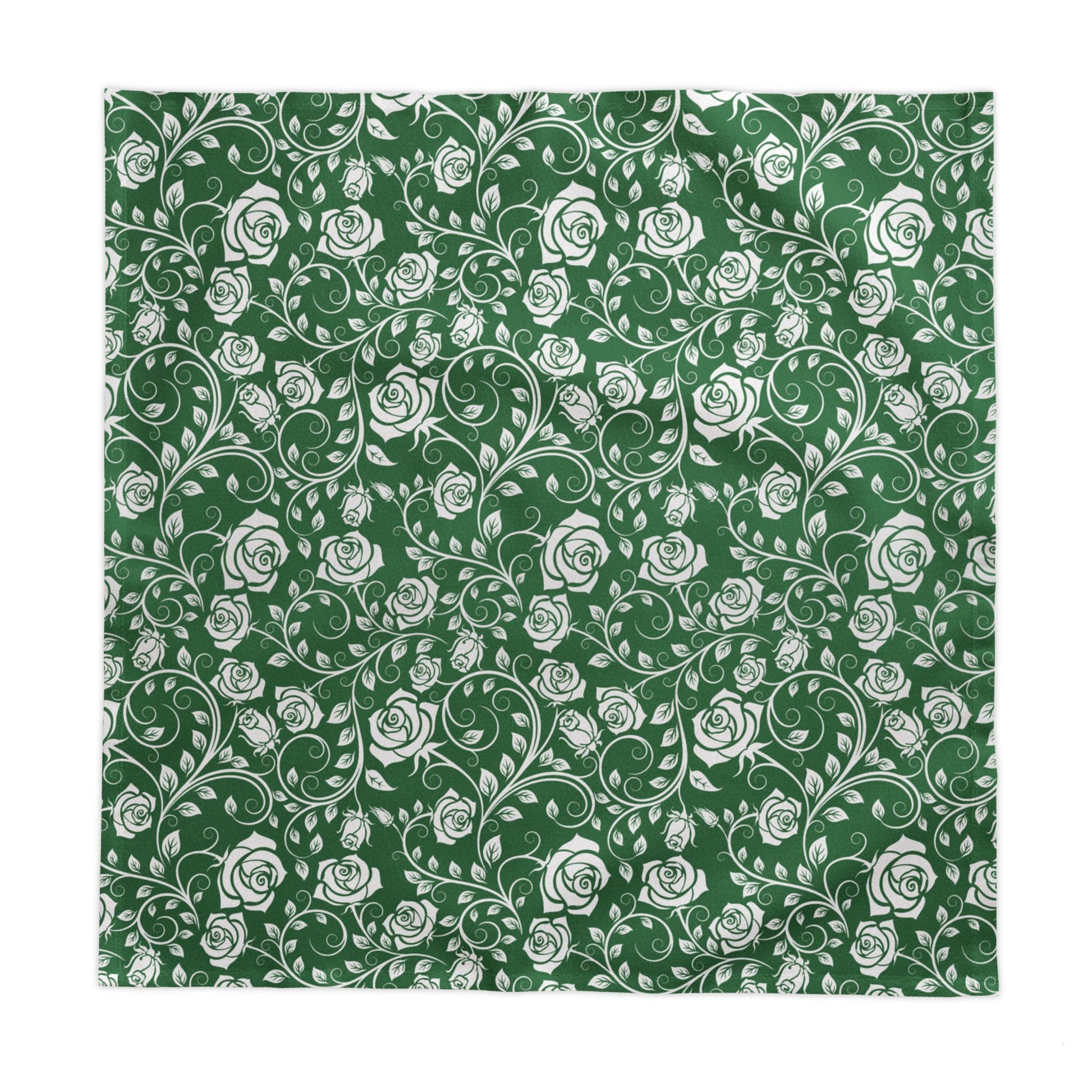 Green fabric with white floral pattern square tablecloth